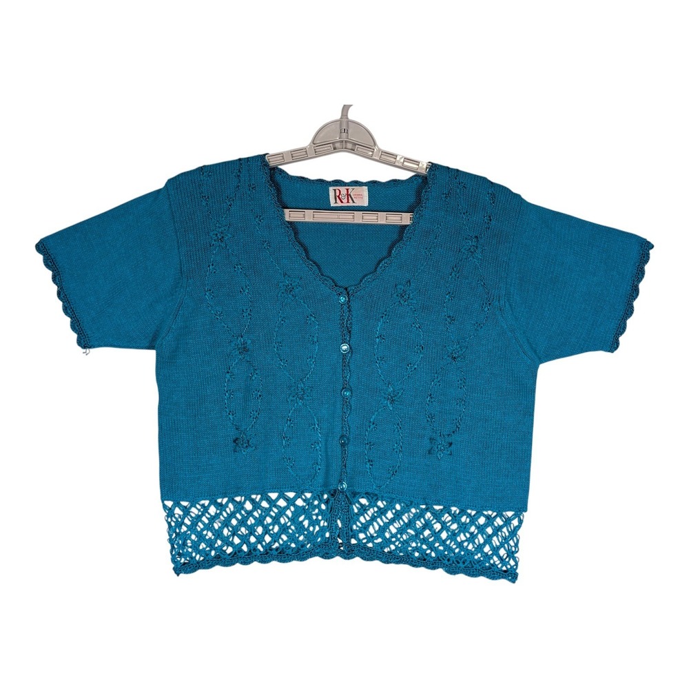 R&K Original‎ Petite Cardigan PS Teal Blue Floral Embroidered Open Knit Vintage
